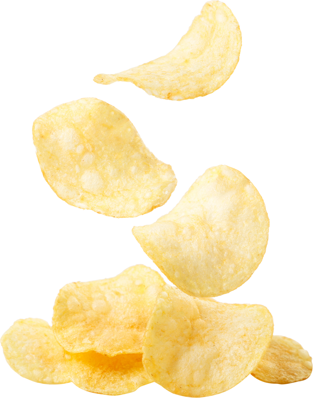 Potato chips are falling on a heap on a white background. Isolated